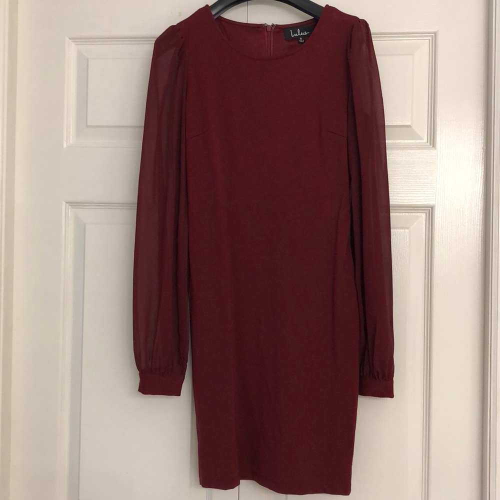 Lulus red bodycon dress with sheer red sleeves